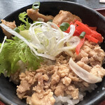 あきた美彩館 - ミニ比内地鶏丼はそぼろ状の肉と地鶏肉が醤油ベース味付けされていて紅しょうがと葱がごはんがすすみます。