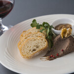 Hakata chicken white liver and walnut pate served with baguette