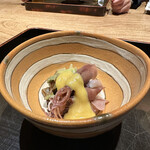 日本料理 徳専 - ホタルイカとうるいとよもぎ麩の辛子味噌和え