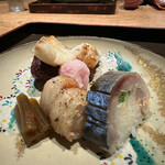 日本料理 徳専 - クエ、れんこん餅、ふきの旨煮、たけのこの肉巻き、鯖寿司