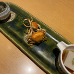 Soba Ichijin - 季節のおつまみ3点盛り（そば豆腐、くらかけ豆の浸し豆、サワガニの素揚げ）