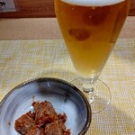 新菜しもん - 生ビール小、付だし（蒟蒻のおかか和え）！