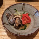 天ぷら たけうち - 箸休め　つぶ貝、南関あげ、トマト、水菜