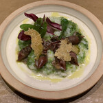 レフ アオキ - メイン魚はアオサとホタルイカのリゾット・パルメザンのガレット