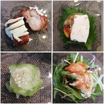 創作中華 China Dining 麗 - 左下から時計回りでザーサイ､唐揚げ(カラッと上がってすごく美味しかった)､白身のゼリー寄せ､サラダ､こちらは前菜も美味しいんです♪