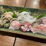 金町製麺 - 刺身の盛り合わせ（真鯛、アラ、活けホッキ貝、アコウ、スルメイカ、ブリ、カツオ、アジなめろう）