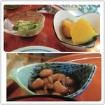 甘味処 ふじむら - 2013/7/10 両セット共通小鉢。胡瓜揉みの酢の物、カボチャ煮付け、お豆の甘く煮たの(^q^)
