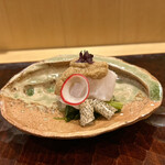 日本料理 かしづき - クエと鮟鱇の肝　フルーツトマト　花わさびのお浸し