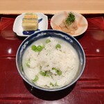 銀座 しのはら - うすい豆のご飯 鯛の胡麻和え 香の物