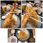 とんかつ 伊達かつ - ＊海老フライは大きく衣もサクサク、多いので一本上のチビに手伝ってもらいました。ほんと頼もしい。 海老フライ1本と牡蠣フライ1個頂いた時点でギブアップし、牡蠣フライ1個は娘へ。 流石に多いと言われましたけれどね。(^◇^;)