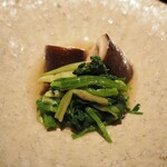 薪鳥新神戸 - せりの香味和え + Lady Silk（椎茸）