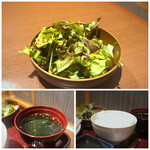 にくやのにかい - ◆サラダのドレッシングが美味しい。 ◆ご飯はツヤツヤ。 ◆ワカメスープも薄くなく、ワカメたっぷりで美味しい。