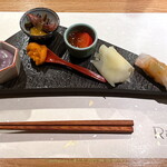 RITO - 《前菜》内容は日替わり 左手前の紫芋のムースはあっさりして美味しかったです