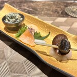 名駅 鉄板焼き 森本Ｘ Premium - つぶ貝、燻製サーモン、ほうれん草の卯の花