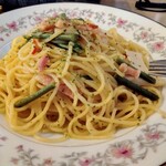 Umano del sole - 本日のパスタ　ワラビとタケノコ ベーコンのペペロンチーノ