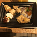 麹町いづみや しろ - 【おつまみ：5品】かすべほっぺ燻製、真鱈白子、鰤かま煮付け、あん肝旨煮、なまこ酢