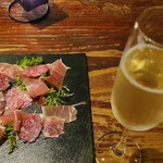 ブルーグロッソ - お酒①ビーニャ・バルディビエソ・リミテッド・ブリュットNV(スパークリングワイン、チリ) (税込800円)
            
            おつまみ①パルマ産生ハムとサラミの盛合せ(税込850円)
