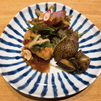 京中華 牧定 - イサキの和え物　梅貝の醤油煮　信州サーモンの南蛮揚げ