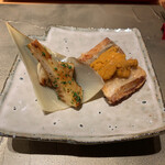 照寿司 - 太刀魚とウニ、合馬の筍