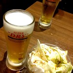 Bouya Horumon Kan - 生ビール　580円　お通しのキャベツ　200円