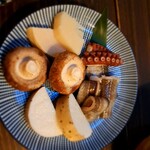 dining IOR?I - 七輪焼き　長芋、伝助穴子、タコ、タケノコ、椎茸
