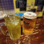 Takoshige - 独身貴族友人社長のリクエストの泡少なめビール♪とアイス緑茶♪で(^_^)／□☆□＼(^_^)乾杯♪