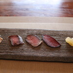 飛騨季節料理 肴 - 猪燻製、鹿燻製2種、鹿ジャーキー、編笠柚子