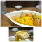 シン中華 RON - *大きめでプリプリの海老5個、天津飯風の薄味の中華味餡がかけられています。 お味が薄かったので卓上の辣油をかけると丁度いい。 海老と卵だけでもお腹一杯になり、ご飯は少し残しました、m(__)m