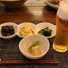 R Dining - お通し(税込500円)①高野豆腐 
                
                晩酌セット(税込1,000円)
                ②法蓮草のお浸し
                ③ポテトサラダ
                ④茄子の揚げ浸し
                2種のはずが3種、有難いです
                お酒①生ビール(サントリー・プレミアム・モルツ)