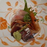 あがの割烹 千原六助 - あま海老、鯵、春がつお、カンパチ、彩りにこごみ