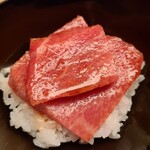 緒方 - ⑫本鮪中トロ(30kg弱)漬け丼
      日本近海本鮪の産卵は春～夏、旬は初秋～冬
      少年期のサッパリと透明感のある脂の旨み
      春の日本海側の旬を楽しむのが緒方流