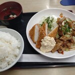 Takeno Shokudou - ヒラメフライ＆豚バラと野菜の甘辛炒め定食800円税込