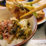 おこげ - ご飯にはジャコ梅ふりかけと、野沢菜漬け