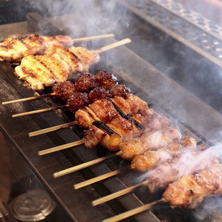 Specialty Yakitori (grilled chicken skewers) carefully grilled with Kishu Bincho charcoal!