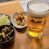 Kushiage Sakaya Yuunagiya - お酒①生ビール(1度だけ)
                おつまみ
                ①たけのこ土佐煮
                ②ブロッコリーとキノコのバジルマリネ 
                お酒のアテなので味は濃いめ
                薄味が好みですが若いお客さんが多いので、濃い方がニーズにマッチしていそう