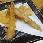 Tempura Tokuya - えび、サバ天、じゃがいも、エノキ茸