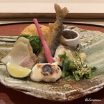 御料理 寺沢 - 河豚の白子焼､鯨ベーコン､屈み､薑､稚鮎の南蛮漬､蛸と筍のコロッケ､海鼠酢､鱸の木の芽焼