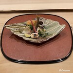 御料理 寺沢 - 河豚の白子焼､鯨ベーコン､屈み､薑､稚鮎の南蛮漬､蛸と筍のコロッケ､海鼠酢､鱸の木の芽焼