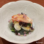 御料理 寺沢 - 穴子白焼､槍烏賊､毛蟹､甘草､花穂紫蘇､むら芽紫蘇の土佐酢ジュレ掛け