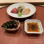御料理 寺沢 - 割醤油とチリ酢で味わう向付