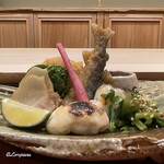 御料理 寺沢 - 河豚の白子焼､鯨ベーコン､屈み､薑､稚鮎の南蛮漬､蛸と筍のコロッケ､海鼠酢､鱸の木の芽焼