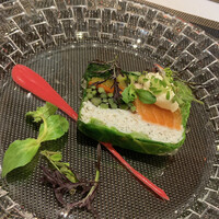 アントューカ - サーモンとシラス、季節の野菜のさっぱりとしたテリーヌ。 ビーツのソースが鮮やかなピンク。彩りがきれい。 シラスが雪で、その上に緑の新芽。初春の風景のよう。