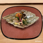 御料理 寺沢 - 河豚の白子焼､鯨ベーコン､屈み､薑､稚鮎の南蛮漬､蛸と筍のコロッケ､海鼠酢､鱸の木の芽焼