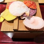 銀座 しのはら - 器の上に、色とりどりのヒオウギ貝