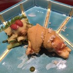 弧柳 - 酢肴:伊勢海老(三重県)  雲丹(北海道)  ノビル　山わさび　枸杞の実