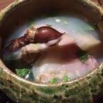 弧柳 - 煮物椀:蛤(千葉県)  蛍烏賊(富山県)  朝堀り筍(貝塚市本積)  根付三つ葉　浜防風　木の芽