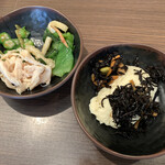 Buf Fe Resu Toran Hakken - 山菜とおくらの真砂和え、菜の花のお浸し桜海老ちらし、寄せ豆腐、ひじき、蒸し鶏