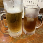 Toriyoshi - 生ビール（中）とウーロン茶