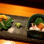 鮨　大和 - 金崎の烏賊＆唐津の赤雲丹、カワハギ