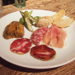 スパイスカフェ - フルカレーコース(3500円)のお肉の盛合せ(日替り前菜) サラミ3種、生ハム、リエット、チキンピクルス